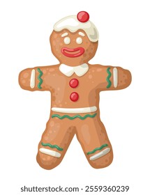 Cute gingerbread man illustration in cartoone style. Christmas baking. Flat vector illustration isolated on white background.