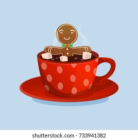 cute gingerbread man laying in cup with hot drink and marshmallow. Concept of Christmas card. vector illustration. cartoon style. isolation on blue