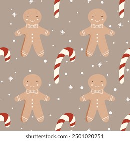 Cute Gingerbread man with lollipop seamless pattern in Scandinavian style. Vector Background for designs of wrapping paper, covers, fabric, textiles. greeting cards. Concept of Christmas and New Year