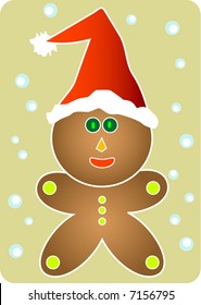 A cute gingerbread man with red Santa’s hat. Snow falling in the background.