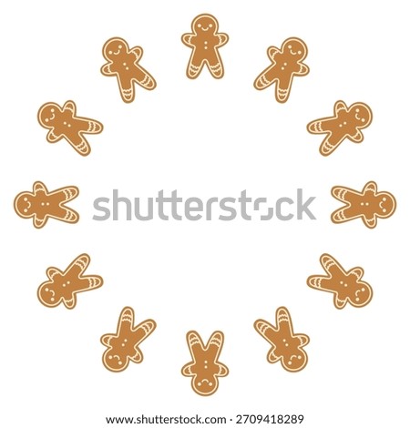 Cute gingerbread man. Round frame. Christmas cookies. Isolated white background. Vector illustration.
