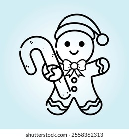 A cute gingerbread man in a Santa hat happily holds a candy cane. Perfect for Christmas cards or festive designs