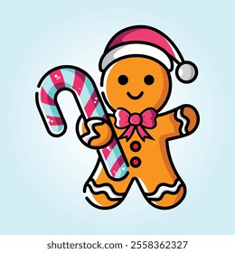 A cute gingerbread man in a Santa hat holds a candy cane. Festive and joyful Christmas illustration.