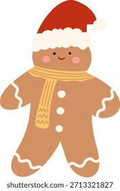 Cute Gingerbread Man in Santa Hat and Scarf, Christmas Cookie Character