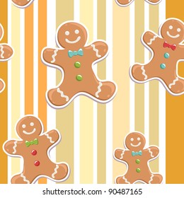 Cute gingerbread man seamless Christmas colorful pattern on a striped background