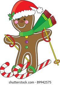 A cute gingerbread man is skiing on candy canes and wearing a Santa hat