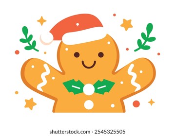 Cute gingerbread man wearing a Santa hat, sweet cookie. Holiday and winter symbol. Merry Christmas background. Design for greeting card. Vector flat illustration in cartoon style.