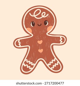 Homem de gengibre bonito com detalhes de glacê branco, botões de coração rosa e rosto, fundo leitoso, mão desenhada doodle vetor com cores aconchegantes muted para design de crianças, adesivo, cartaz, cartão, banner, convite