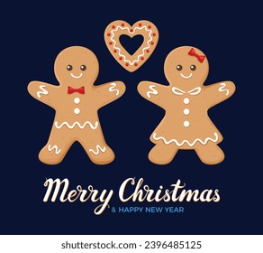 Cute gingerbread man, woman and heart-shaped cookies on dark background. Christmas or New Year greeting card. Vector holiday illustration.