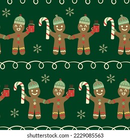 Cute gingerbread men, candy canes, doodle lines seamless vector pattern background. Traditional Christmas motifs on dark green backdrop. Fun festive hand drawn naive style repeat for Happy Holidays