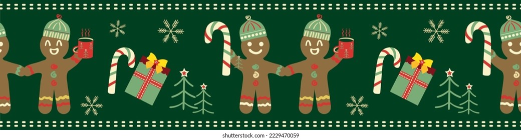 Cute gingerbread men, candy canes, presents seamless vector border background. Banner with traditional Christmas motifs on dark green backdrop. Fun festive hand drawn naive style for Happy Holidays