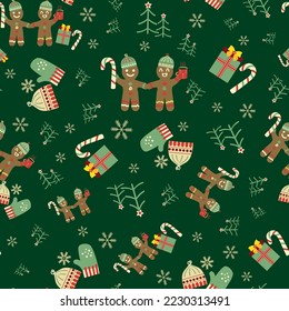 Cute gingerbread men, candy canes, presents seamless vector pattern background. Traditional Christmas motifs on dark green backdrop. Fun festive hand drawn naive style repeat. Holidays all over print