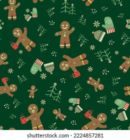 Cute gingerbread men, winter hats gloves, trees seamless vector pattern background. Traditional Christmas motifs on dark green backdrop. Festive hand drawn naive style repeat. Holidays all over print