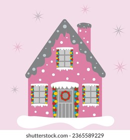 Cute gingerbread pink house with red windows and gingerbread people. Christmas cookies and candy. Stock vector illustration