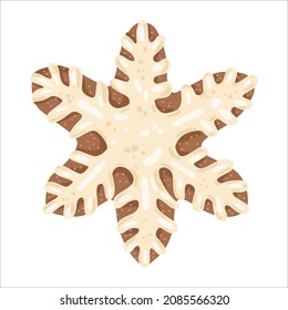 Cute gingerbread snowflake glazed christmas cookie on white background
