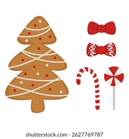 Cute gingerbread tree with festive bows and candies. Cozy, sweet holiday elements for warm Christmas graphics and decorations.
