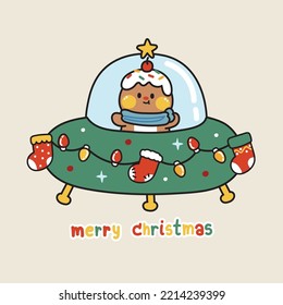 Cute gingerbread in UFO with merry christmas text. Cartoon hand drawn.Sock and light.Winter.Kawaii.Vector.Illustration.