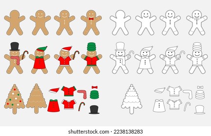 Cute gingerbread vector collection. Christmas cookies gingerbread man costume and decorations. Coloring set of Xmas biscuit. Holiday sweet dessert baking cartoon gift set icon for Merry Christmas.