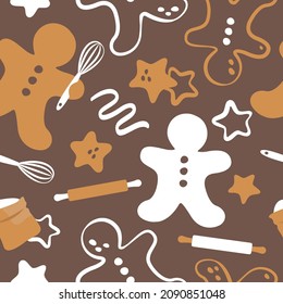 Cute gingerbread vector seamless pattern. Baking elements: flour, rolling pin, whisk, biscuits.