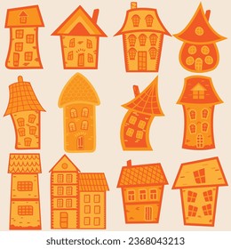 Cute gingerbread yellow houses in doodle style. Christmas cookies and candy. Stock vector illustration,