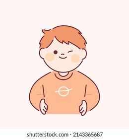 Cute ginger-haired boy is winking with his hand on his waist. flat design style vector illustration.