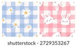 Cute gingham pattern set with daisy flowers and smiling bunny faces in soft blue and pink pastel tones, designed for nursery decor, fabric prints, stationery, and cheerful decorative backgrounds.