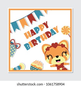 Cute gir fox and birthday elements frame vector cartoon illustration for happy birthday card design, postcard, and wallpaper