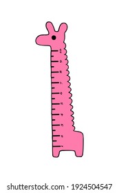 Cute girafe with a pink ruler. Vector illustration in doodle cartoon style. Ruler doodle. Vector EPS 10.