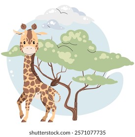 Cute giraffe with acacia and clouds on white background. Vector illustration of african animal for children's card, sticker, print, etc.