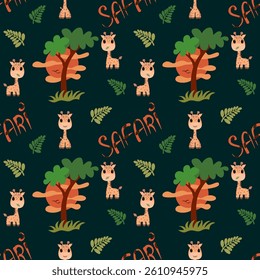 Cute giraffe and acacia tree pattern with "Safari" script, sun, and leaf details on a soft blue background. Playful African adventure design. Vector repeat.