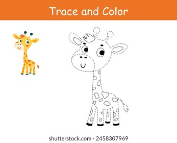 Cute Giraffe, african animal trace and coloring book or coloring page. Vector illustration