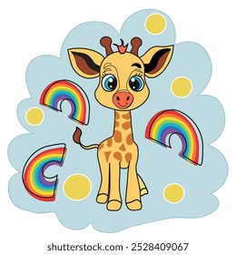 Cute giraffe against the background of clouds. Children's illustration isolated on white background. Hand drawn vector illustration.