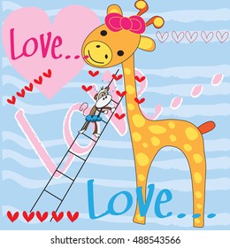 cute giraffe with an amorous monkey crawling on a ladder and hearts vector illustration