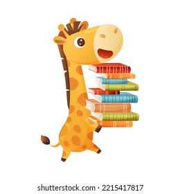 Cute Giraffe Animal Carrying Pile of Books in Hard Cover for Reading Vector Illustration