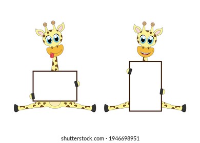 cute giraffe animal cartoon hold white board