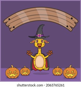 Cute Giraffe Animal wearing Vampire Halloween Custome, With Blank Space Banner, Pumpkins and Flying Position. Vector And Illustration.
