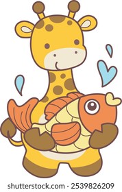 Cute giraffe animals with various activities. A baby giraffe bring a gold fish. 
Funny sticker of Giraffe animal kids.