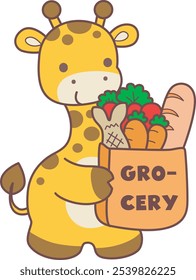 Cute giraffe animals with various activities. A baby giraffe bring a grocery bag. 
Funny sticker of Giraffe animal kids.