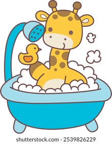 Cute giraffe animals with various activities. A baby giraffe shower in the bathub. 
Funny sticker of Giraffe animal kids.