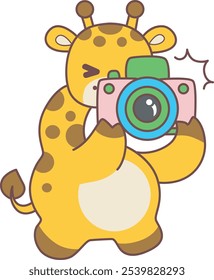 Cute giraffe animals with various activities. A giraffe bring a camera for take a photo. 
Funny sticker of Giraffe animal kids.