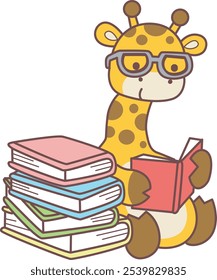 Cute giraffe animals with various activities. A baby giraffe study in the library. 
Funny sticker of Giraffe animal kids.