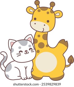 Cute giraffe animals with various activities. A giraffe with cat. 
Funny sticker of Giraffe animal kids.