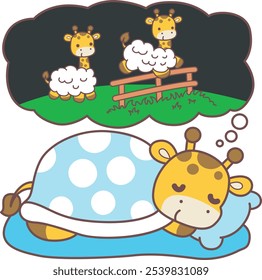 Cute giraffe animals with various activities. A giraffe counting a sheep in the sleeping. 
Funny sticker of Giraffe animal kids.