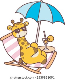 Cute giraffe animals with various activities. A giraffe lay in the beach. 
Funny sticker of Giraffe animal kids.