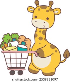 Cute giraffe animals with various activities. A giraffe with stroller of grocery. 
Funny sticker of Giraffe animal kids.