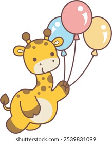 Cute giraffe animals with various activities. A baby giraffe with three balloons. 
Funny sticker of Giraffe animal kids.