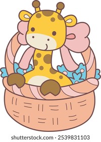 Cute giraffe animals with various activities. A baby giraffe in the cute basket. 
Funny sticker of Giraffe animal kids.