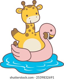 Cute giraffe animals with various activities. A giraffe swimming with flamingo tire. 
Funny sticker of Giraffe animal kids.
