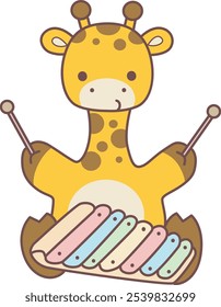 Cute giraffe animals with various activities. A baby giraffe playing a traditional instrument. 
Funny sticker of Giraffe animal kids.
