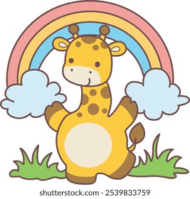 Cute giraffe animals with various activities. A giraffe in front of the rainbow. 
Funny sticker of Giraffe animal kids.
